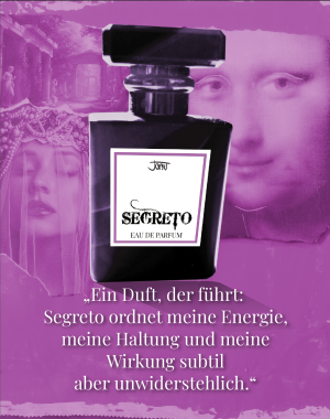 SEGRETO Manufaktur-Parfum Flakon in violetter Collage-Ästhetik mit klassischem Porträt