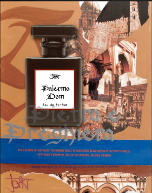 Palermo Dom Manufaktur-Parfum Flakon vor warmer Terrakotta-Collage mit historischen Dom-Aufnahmen und gotischer Typografie