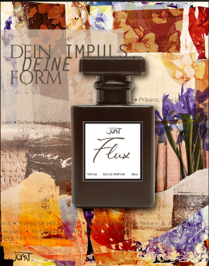 Flux Manufaktur-Parfum Flakon vor warmer Terrakotta- und Violett-Collage mit Irisblüten und dem Schriftzug Dein Impuls Deine Form