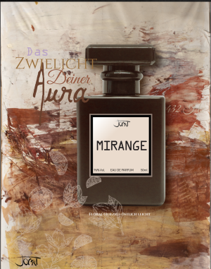 Mirange Manufaktur-Parfum Flakon vor ockerfarbener Collage mit floralen Zitrus-Skizzen und dem Schriftzug Das Zwielicht Deiner Aura