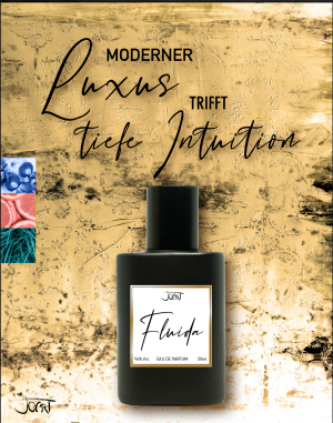 Fluida Manufaktur-Parfum Flakon vor goldenem Textur-Hintergrund mit dem Schriftzug Moderner Luxus trifft tiefe Intuition
