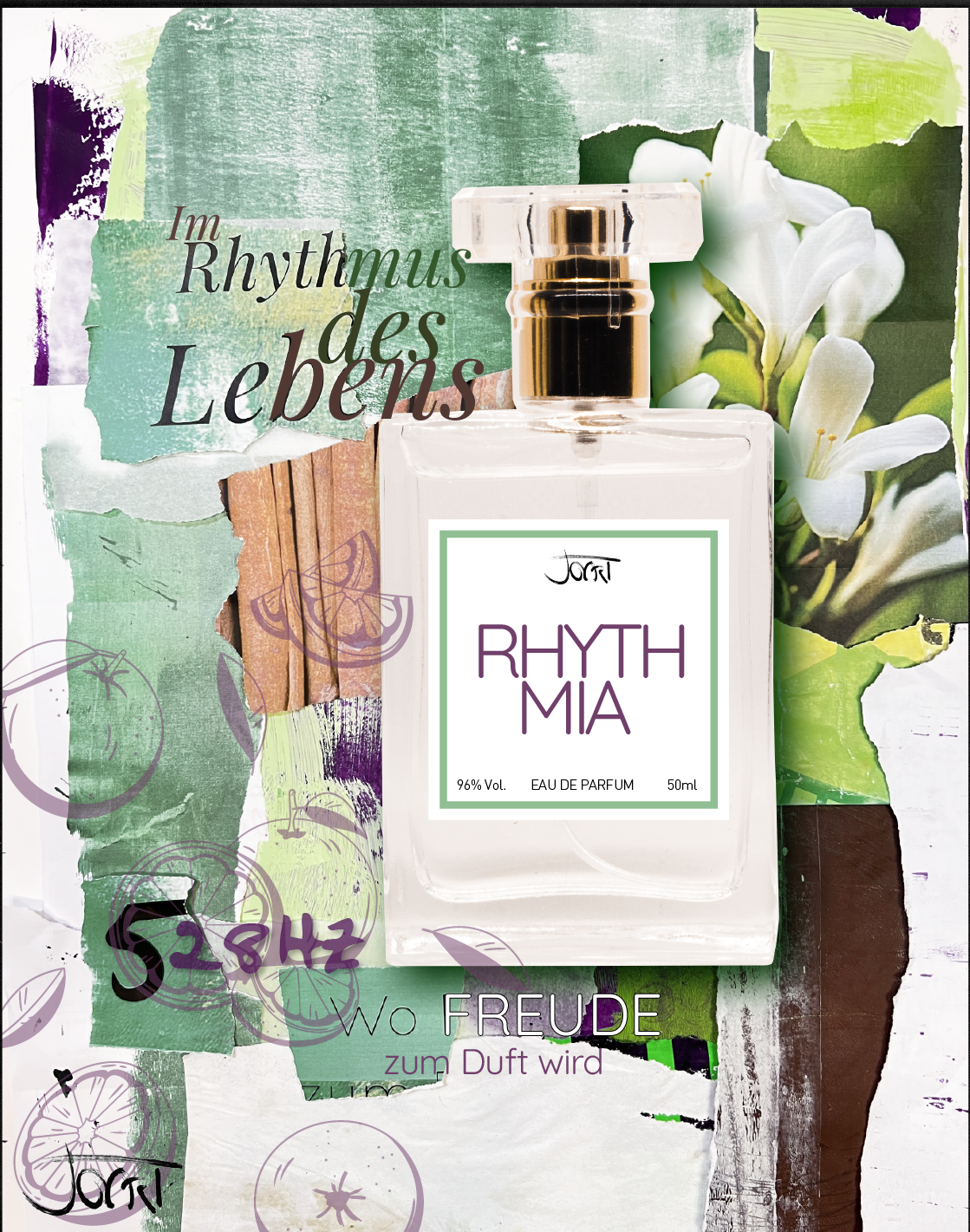 RHYTMIA 1 Rhythmia Manufaktur-Parfum Flakon vor salbeigrüner Collage mit weißen Blüten und dem Leitmotiv Im Rhythmus des Lebens