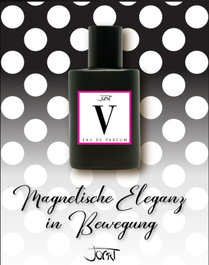 V Manufaktur-Parfum Flakon vor kontrastreicher Schwarz-Weiß-Punkt-Collage mit dem Schriftzug Magnetische Eleganz in Bewegung