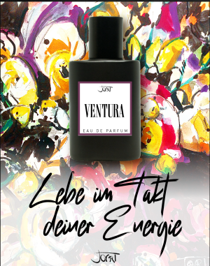 Ventura Manufaktur-Parfum Flakon vor expressiver, leuchtender Farb-Collage mit dem Schriftzug Lebe im Takt deiner Energie