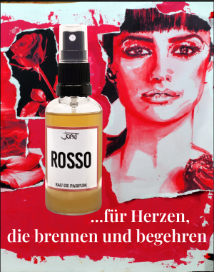 ROSSO Manufaktur-Parfum Flakon vor roter Collage-Ästhetik mit ausdrucksstarkem Frauenporträt und Rosen