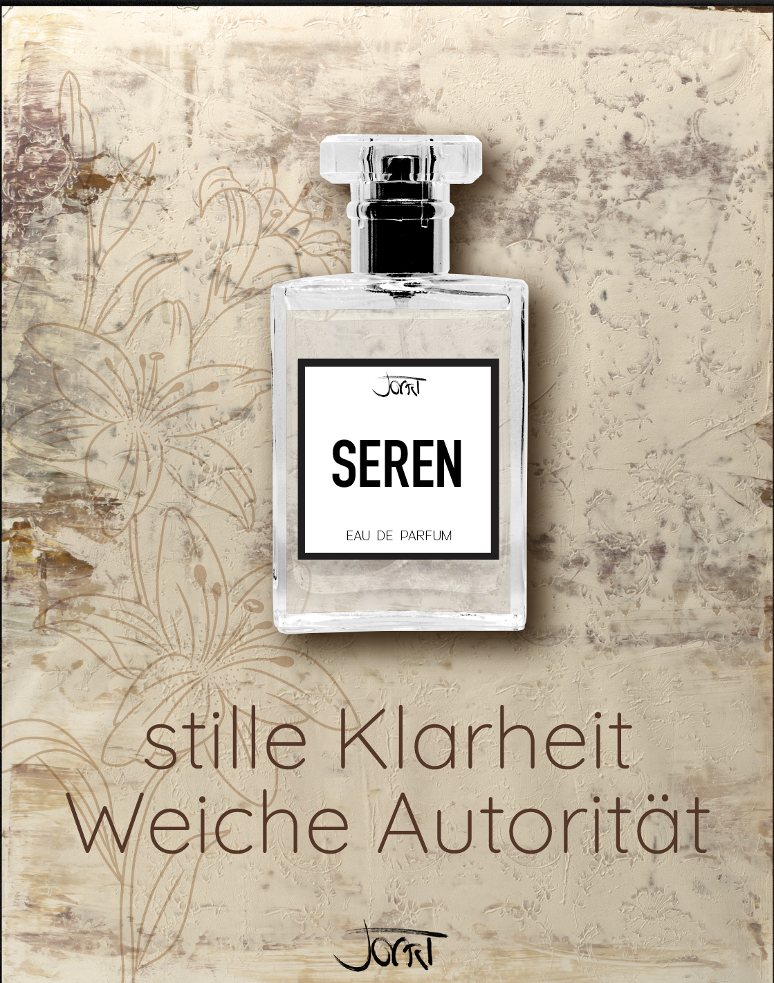 SEREN 1 Seren Manufaktur-Parfum Flakon vor sandfarbener Textur mit feinen Lilien-Linien und dem Schriftzug stille Klarheit Weiche Autorität