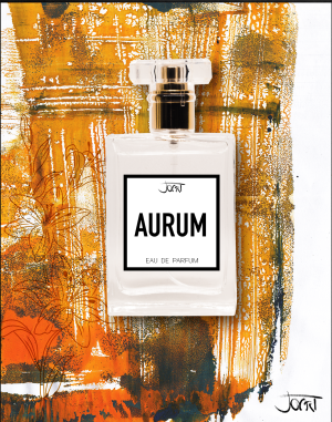 Aurum Manufaktur-Parfum Flakon vor intensiver Ocker- und Gold-Textur mit feinen Blüten-Linien