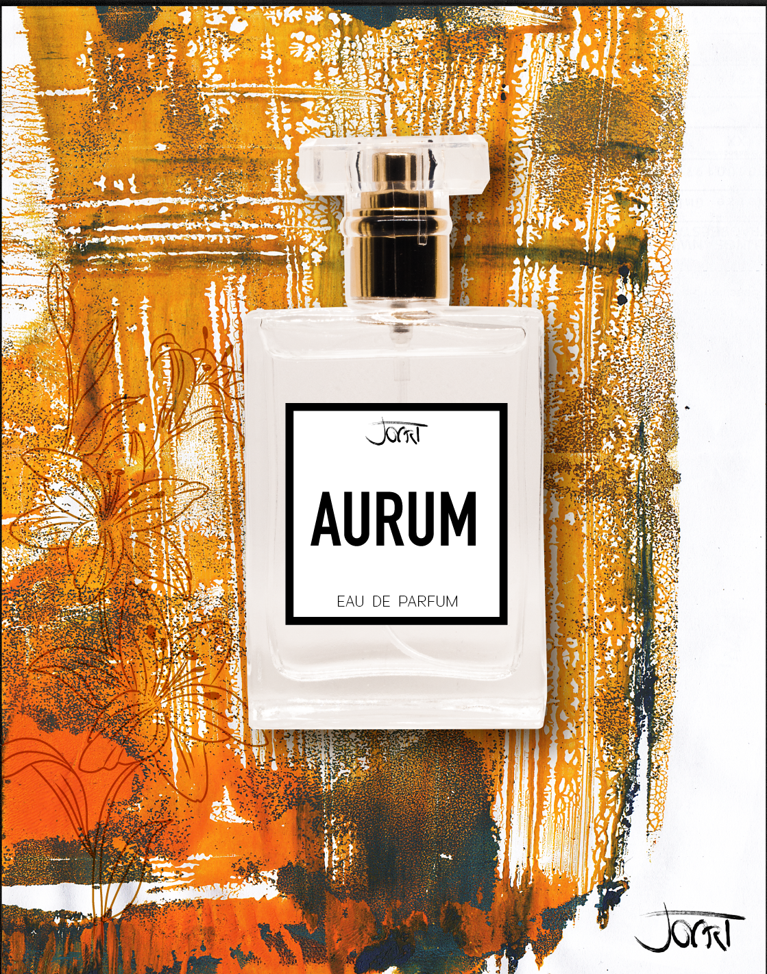 AURUM 1 Aurum Manufaktur-Parfum Flakon vor intensiver Ocker- und Gold-Textur mit feinen Blüten-Linien