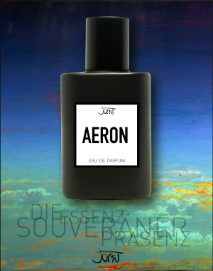 Aeron mattschwarzer Manufaktur-Parfum Flakon vor blauer Horizont-Textur mit dem Schriftzug Die Essenz souveräner Präsenz