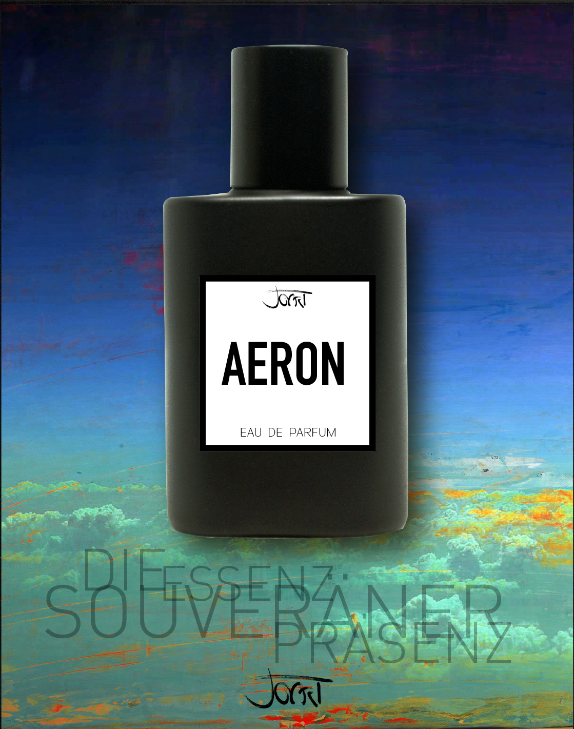 AERON 1 Aeron mattschwarzer Manufaktur-Parfum Flakon vor blauer Horizont-Textur mit dem Schriftzug Die Essenz souveräner Präsenz