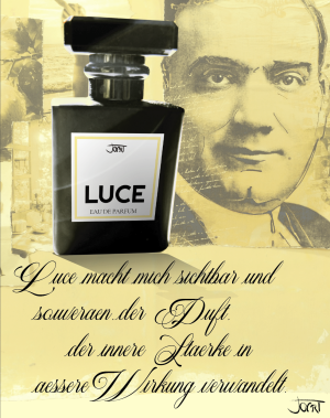 LUCE Manufaktur-Parfum Flakon im Collage-Design mit Zitronen und Enrico Caruso Porträt