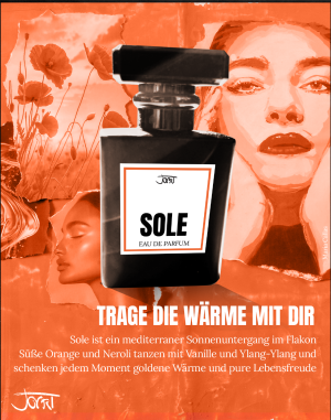 SOLE Manufaktur-Parfum Flakon vor warmer orangefarbener Collage mit Mohnblüten und Frauenporträt