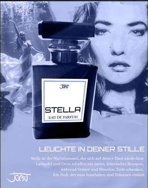 STELLA Manufaktur-Parfum Flakon vor kühler indigoblauer Collage mit schwebender Gestalt und Porträt