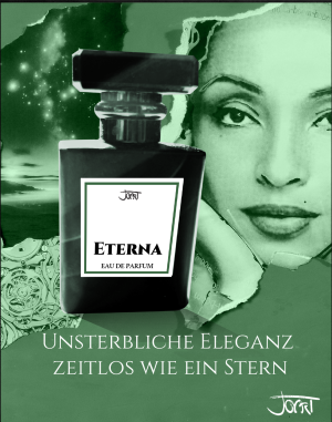 ETERNA Manufaktur-Parfum Flakon vor grüner Salbei-Collage mit Uhrwerk und ausdrucksstarkem Porträt