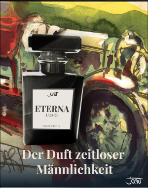 ETERNA UOMO Manufaktur-Parfum Flakon vor erdiger Oliv- und Rost-Collage mit historischem Auto-Motiv