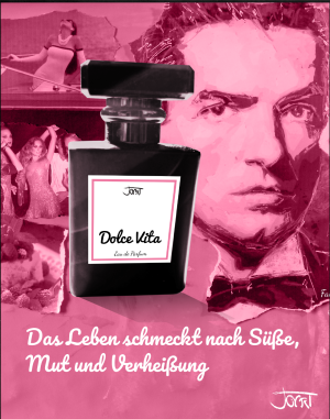 Dolce Vita Manufaktur-Parfum Flakon vor intensiver magentafarbener Collage mit glamourösen Motiven und Porträt
