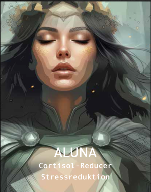 Aluna Manufaktur-Parfum Artwork mit meditierendem Frauenporträt in Salbeitönen und dem Schriftzug Cortisol-Reducer Stressreduktion
