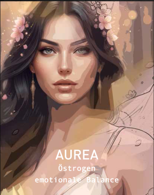 Aurea Manufaktur-Parfum Artwork mit zartem Frauenporträt und Kirschblüten sowie dem Schriftzug Östrogen emotionale Balance