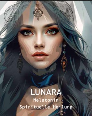 Lunara Manufaktur-Parfum Artwork mit mystischem Frauenporträt in Blautönen und dem Schriftzug Melatonin Spirituelle Heilung
