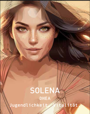 Solena Manufaktur-Parfum Artwork mit strahlendem Frauenporträt in Goldtönen und dem Schriftzug DHEA Jugendlichkeit Vitalität